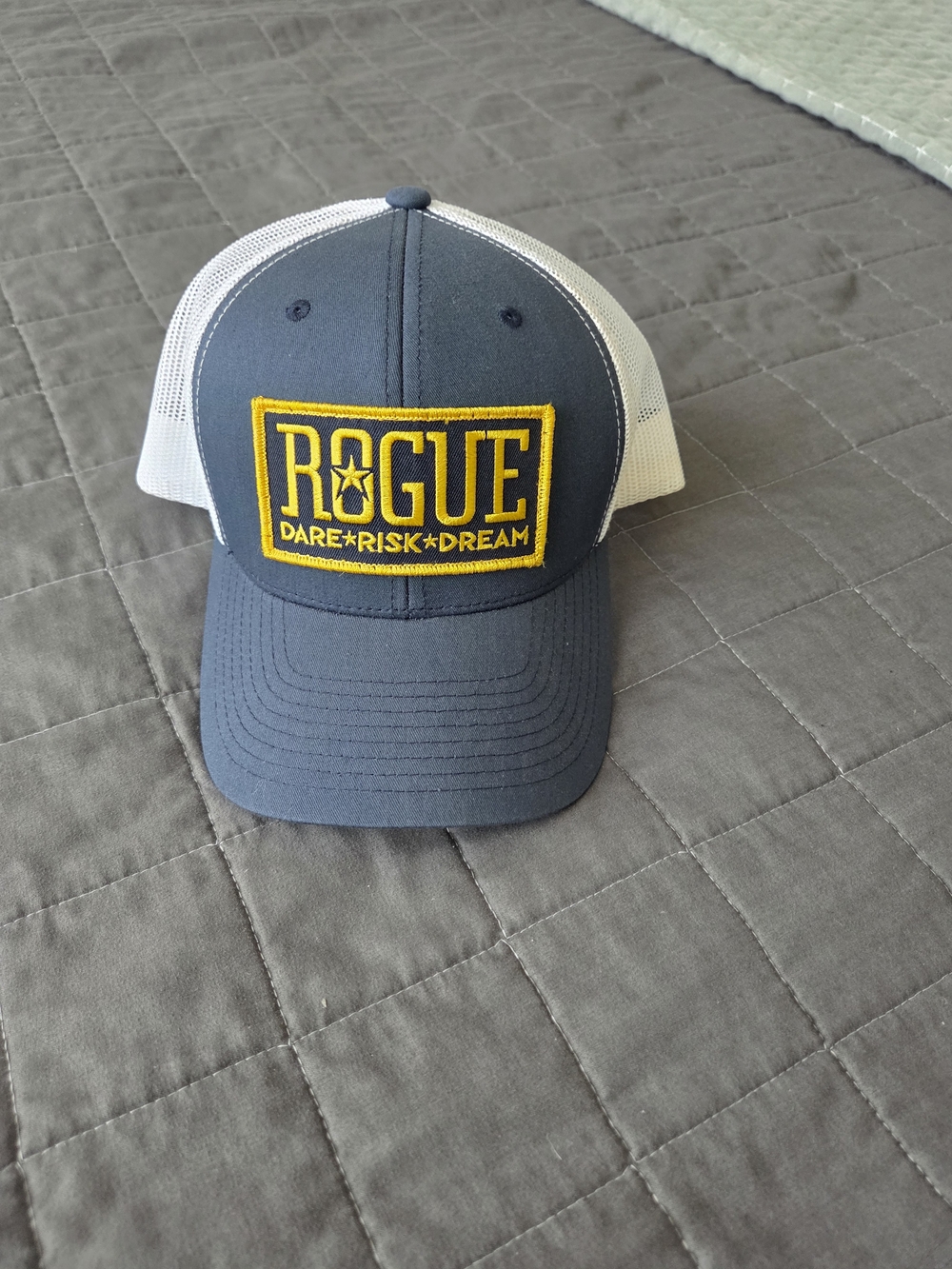 Rogue Navy and White Trucker Hat with Yellow Patch